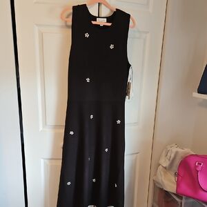 Sleeveless Black Midi Dress with Embellished Flowers